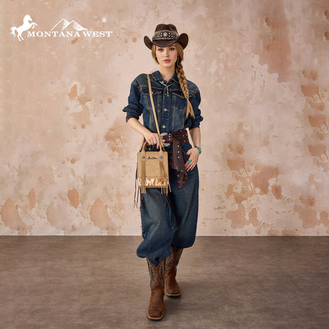 MW1368-8360TN Montana West Hair-On Cowhide Fringe Tote/Crossbody -Tan