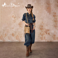 MW1368-8360TN Montana West Hair-On Cowhide Fringe Tote/Crossbody -Tan