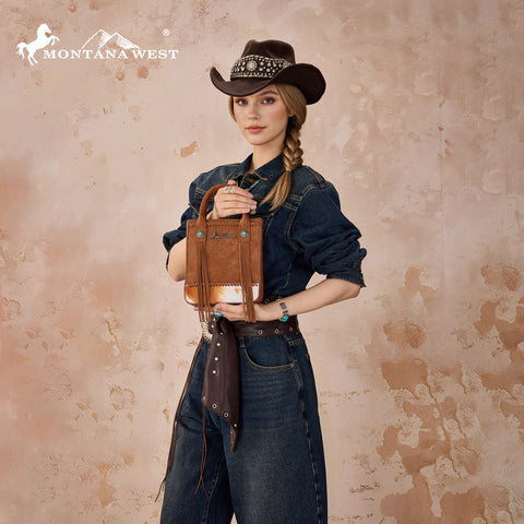 MW1368-8360BR  Montana West Hair-On Cowhide Fringe Tote/Crossbody - Brown