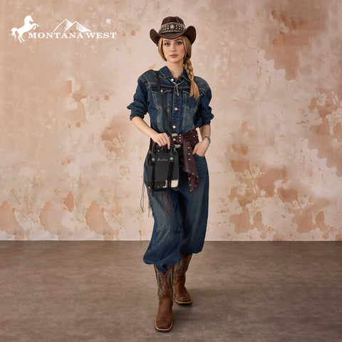 MW1368-8360BK  Montana West Hair-On Cowhide Fringe Tote/Crossbody - Black