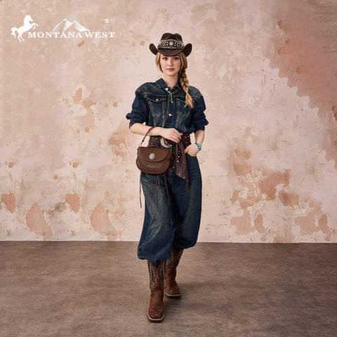 MW1340-8360  Montana West Turquoise Concho Saddle Crossbody -Coffee