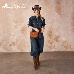 MW1340-8360  Montana West Turquoise Concho Saddle Crossbody - Brown