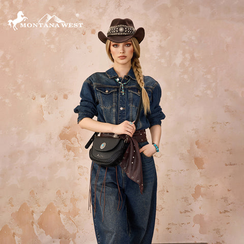 MW1340-8360  Montana West Turquoise Concho Saddle Crossbody - Black