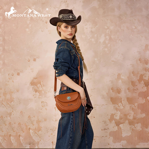 MW1340-8360  Montana West Turquoise Concho Saddle Crossbody - Brown