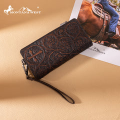 MWL-4206 Montana West Genuine Leather Tooled Bi-Fold Wallet with Detachable Zippered Pocket