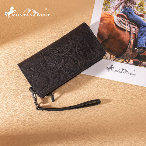 MWL-4206 Montana West Genuine Leather Tooled Bi-Fold Wallet with Detachable Zippered Pocket