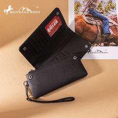 MWL-4206 Montana West Genuine Leather Tooled Bi-Fold Wallet with Detachable Zippered Pocket