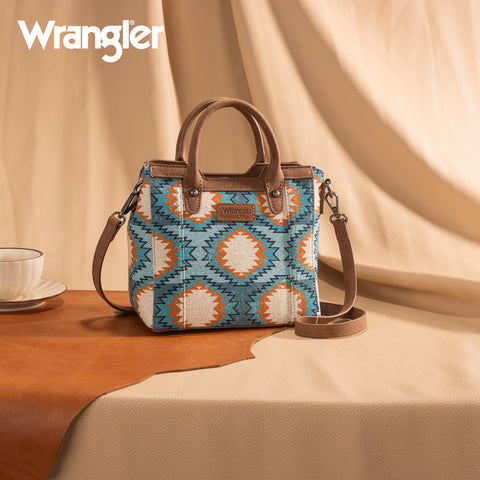 WG221-2022  Wrangler Aztec Distressed Print Dual Sided Print Mini Tote/Crossbody -Turquoise