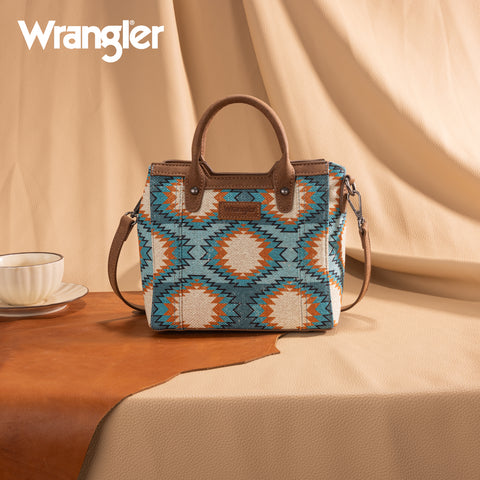 WG221-2022  Wrangler Aztec Distressed Print Dual Sided Print Mini Tote/Crossbody -Turquoise