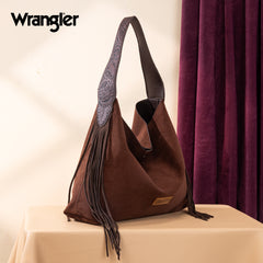 WG239-9182  Wrangler Fringe Floral Tooled Hobo Bag-Coffee