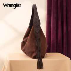 WG239-9182  Wrangler Fringe Floral Tooled Hobo Bag-Coffee