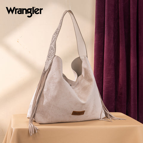 WG239-9182  Wrangler Fringe Floral Tooled Hobo Bag- Beige