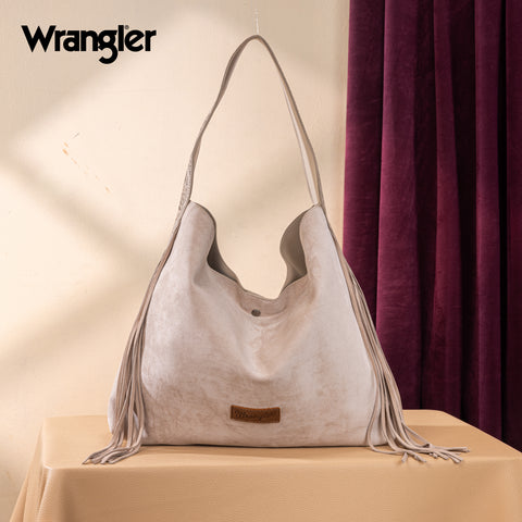 WG239-9182  Wrangler Fringe Floral Tooled Hobo Bag- Beige