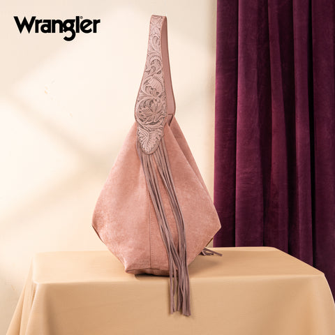 WG239-9182  Wrangler Fringe Floral Tooled Hobo Bag- Dark Pink