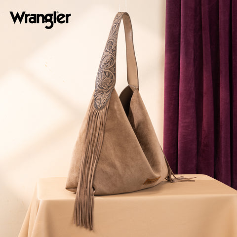 WG239-9182  Wrangler Fringe Floral Tooled Hobo Bag-Khaki
