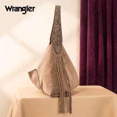 WG239-9182  Wrangler Fringe Floral Tooled Hobo Bag-Khaki