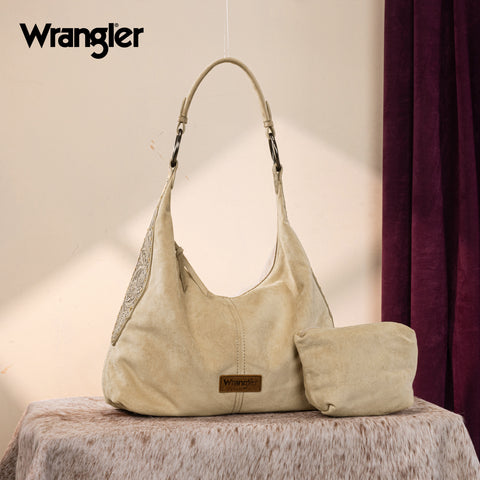WG276-9182  Wrangler Floral Tooled Hobo Bag with Pouch-Beige