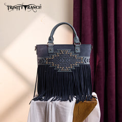 TR196G-8260  Trinity Ranch  Aztec Tooled Fringe Concealed Carry Tote/Crossbody