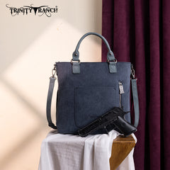 TR196G-8260  Trinity Ranch  Aztec Tooled Fringe Concealed Carry Tote/Crossbody
