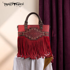 TR196G-8260  Trinity Ranch  Aztec Tooled Fringe Concealed Carry Tote/Crossbody
