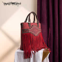TR196G-8260  Trinity Ranch  Aztec Tooled Fringe Concealed Carry Tote/Crossbody