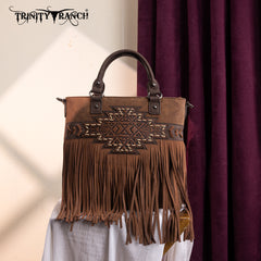 TR196G-8260  Trinity Ranch  Aztec Tooled Fringe Concealed Carry Tote/Crossbody