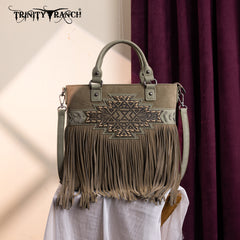 TR196G-8260  Trinity Ranch  Aztec Tooled Fringe Concealed Carry Tote/Crossbody
