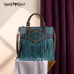 TR196G-8260  Trinity Ranch  Aztec Tooled Fringe Concealed Carry Tote/Crossbody