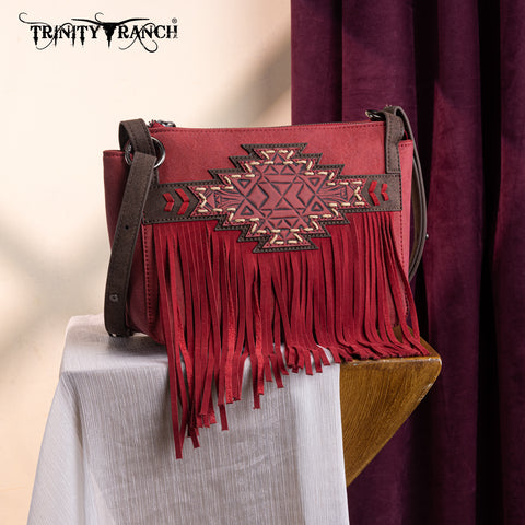 TR196-8287  Trinity Ranch Aztec Tooled Fringe Crossbody