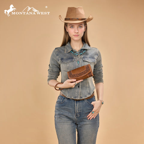 MW1360-W018   Montana West Hair-On Hide Tooled Wallet – Western Wristlet - Brown