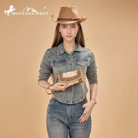 MW1360-W018   Montana West Hair-On Hide Tooled Wallet – Western Wristlet -Tan
