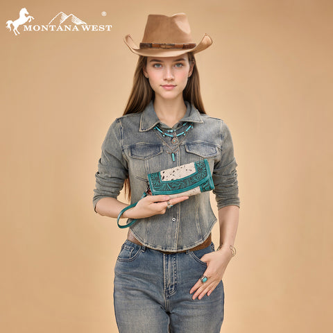 MW1360-W018   Montana West Hair-On Hide Tooled Wallet – Western Wristlet -Turquoise