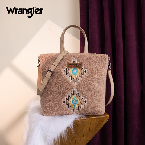 WG263-2002  Wrangler Sherpa Aztec Sherpa Tote/Crossbody - Tan