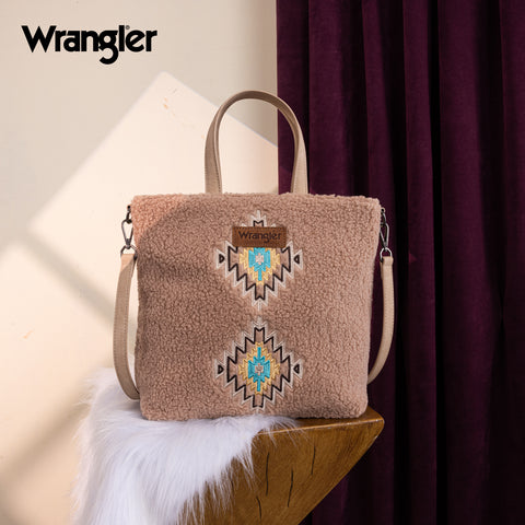 WG263-2002  Wrangler Sherpa Aztec Sherpa Tote/Crossbody - Tan
