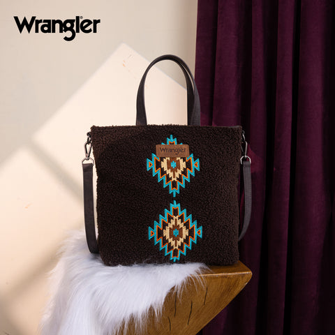 WG263-2002  Wrangler Sherpa Aztec Sherpa Tote/Crossbody - Coffee