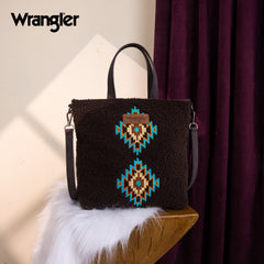 WG263-2002  Wrangler Sherpa Aztec Sherpa Tote/Crossbody - Coffee