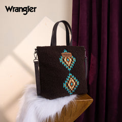 WG263-2002  Wrangler Sherpa Aztec Sherpa Tote/Crossbody - Coffee