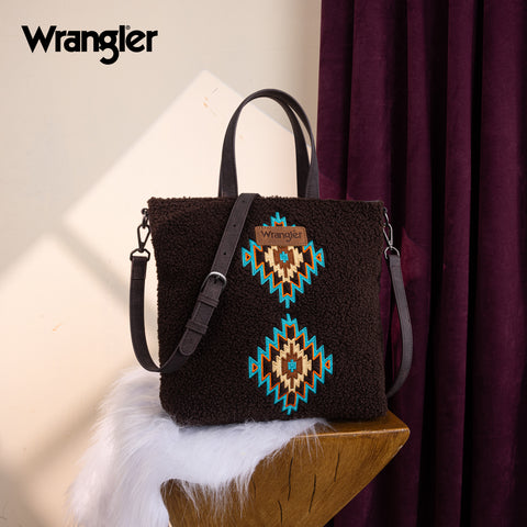 WG263-2002  Wrangler Sherpa Aztec Sherpa Tote/Crossbody - Coffee