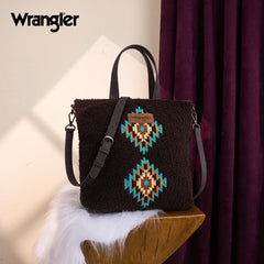 WG263-2002  Wrangler Sherpa Aztec Sherpa Tote/Crossbody - Coffee