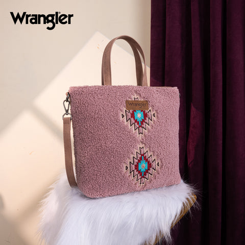 WG263-2002  Wrangler Sherpa Aztec Sherpa Tote/Crossbody - Dark Pink