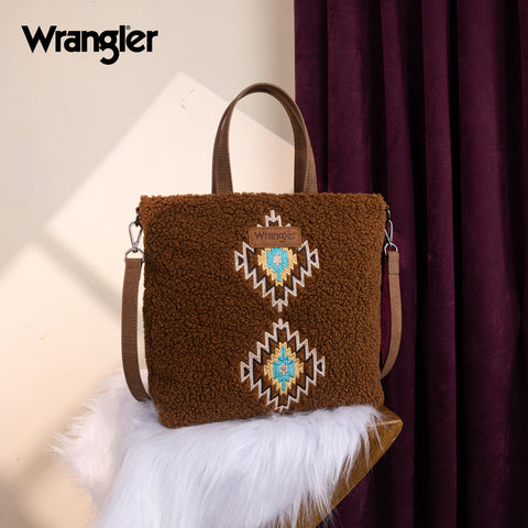 WG263-2002  Wrangler Sherpa Aztec Sherpa Tote/Crossbody - Brown