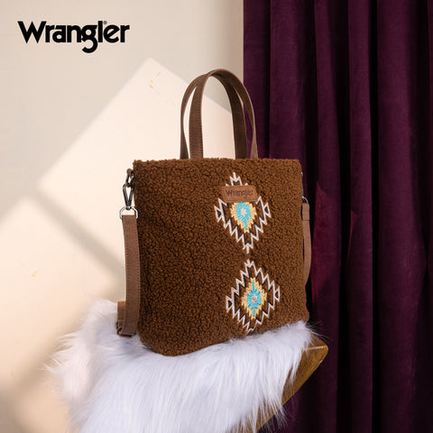 WG263-2002  Wrangler Sherpa Aztec Sherpa Tote/Crossbody - Brown