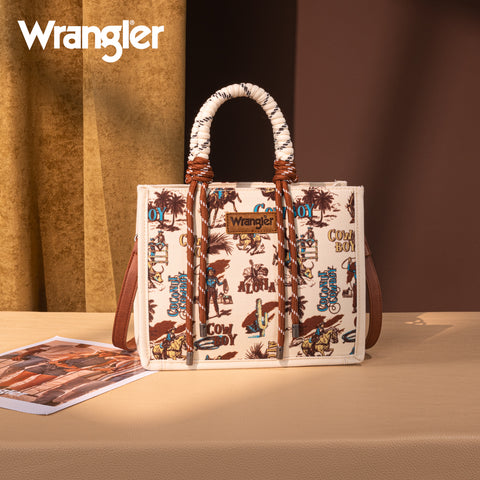 WG206-8122  Wrangler Cowboy Print Tote/Crossbody -Tan (Online Only)