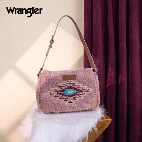 WG263-2022  Wrangler Sherpa Aztec Sherpa Hobo/Shoulder Bag - Dark Pink