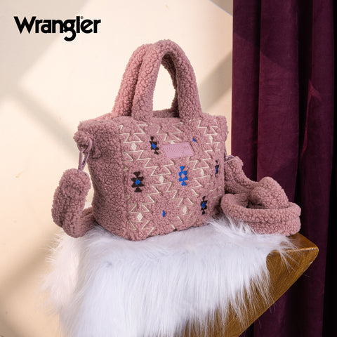 WG266-8015  Wrangler Sherpa Aztec Sherpa Small Tote/Crossbody - Dark Pink