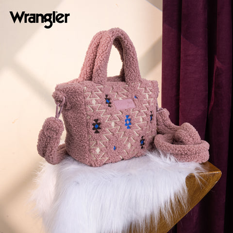 WG266-8015  Wrangler Sherpa Aztec Sherpa Small Tote/Crossbody - Dark Pink