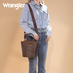 WG211-8014  Wrangler Aztec Embroidered Floral Embossed Tote/Crossbody - Coffee