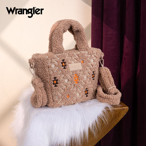 WG266-8015  Wrangler Sherpa Aztec Sherpa Small Tote/Crossbody - Tan