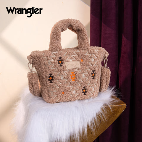 WG266-8015  Wrangler Sherpa Aztec Sherpa Small Tote/Crossbody - Tan