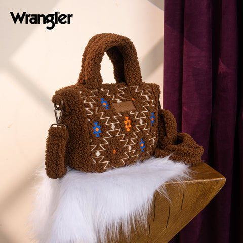 WG266-8015  Wrangler Sherpa Aztec Sherpa Small Tote/Crossbody - Brown